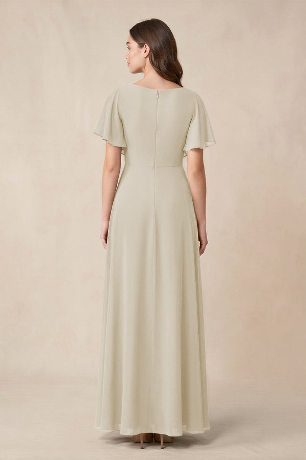 Short Sleeves Bateau A - Line Chiffon Bridesmaid Dress in Dove Gray - KISS BRIDAL Bridesmaid Dresses