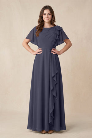 Short Sleeves Bateau A - Line Chiffon Bridesmaid Dress in Dusk Blue - KISS BRIDAL Bridesmaid Dresses