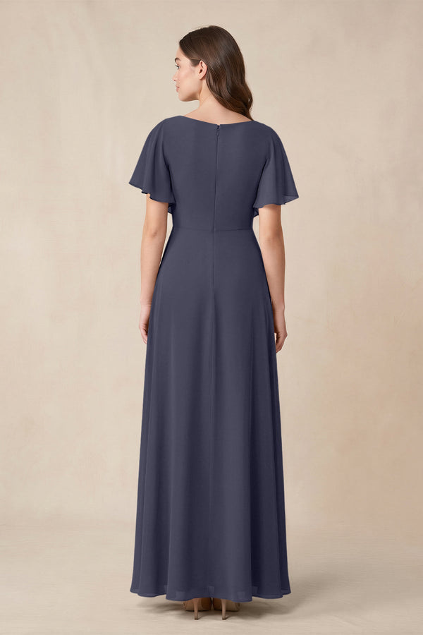 Short Sleeves Bateau A - Line Chiffon Bridesmaid Dress in Dusk Blue - KISS BRIDAL Bridesmaid Dresses