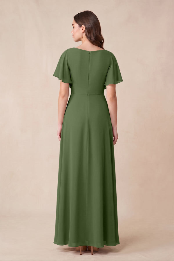Short Sleeves Bateau A-Line Chiffon Bridesmaid Dress in Moss (2) | KISSBRIDAL
