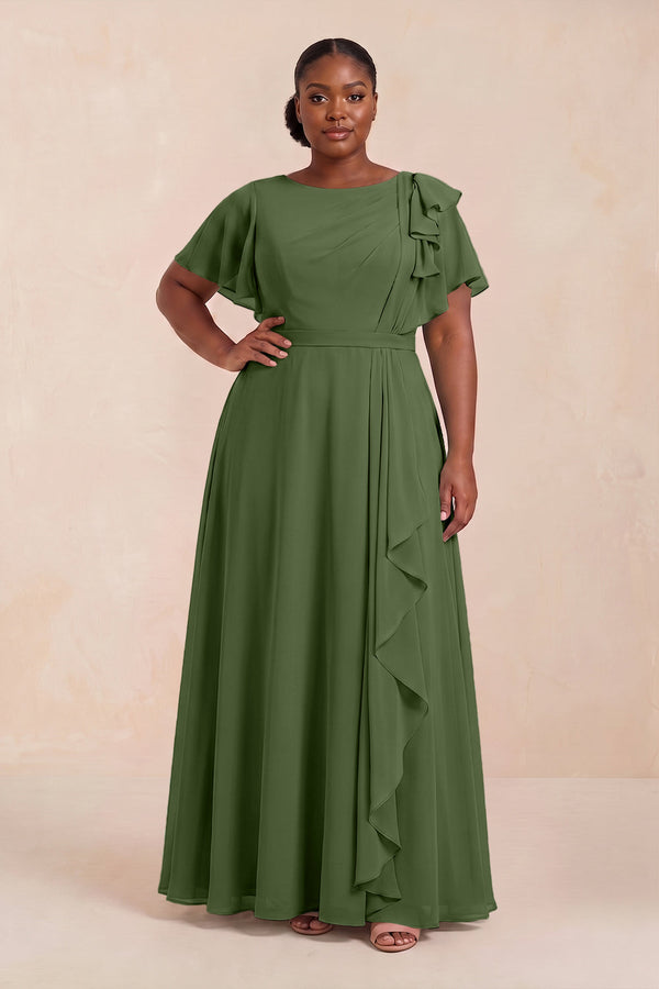 Short Sleeves Bateau A-Line Chiffon Bridesmaid Dress in Moss (3) [sizeplus] | KISSBRIDAL