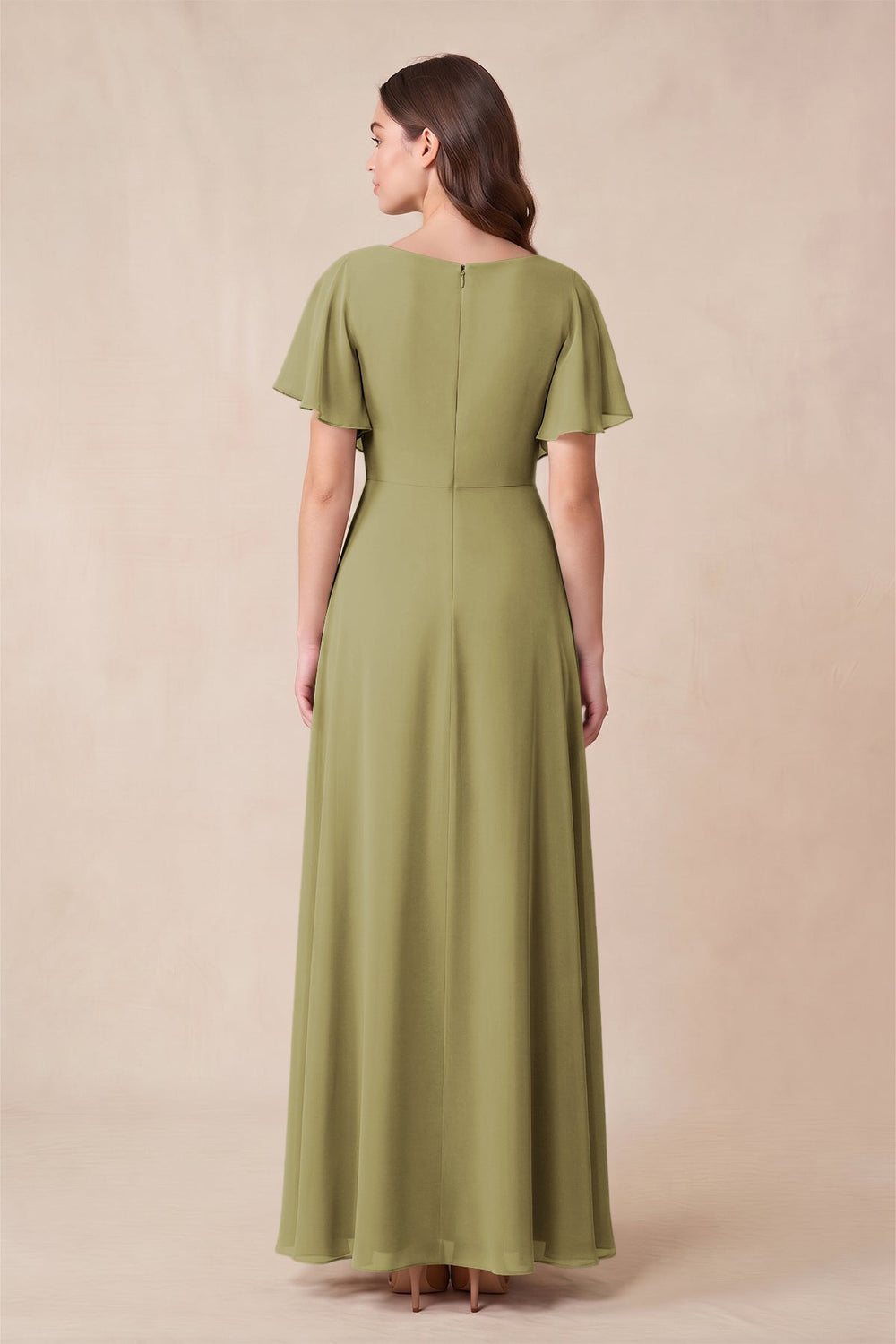 Short Sleeves Bateau A-Line Chiffon Bridesmaid Dress in Moss Green
