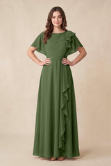 Short Sleeves Bateau A-Line Chiffon Bridesmaid Dress in Moss | KISSBRIDAL
