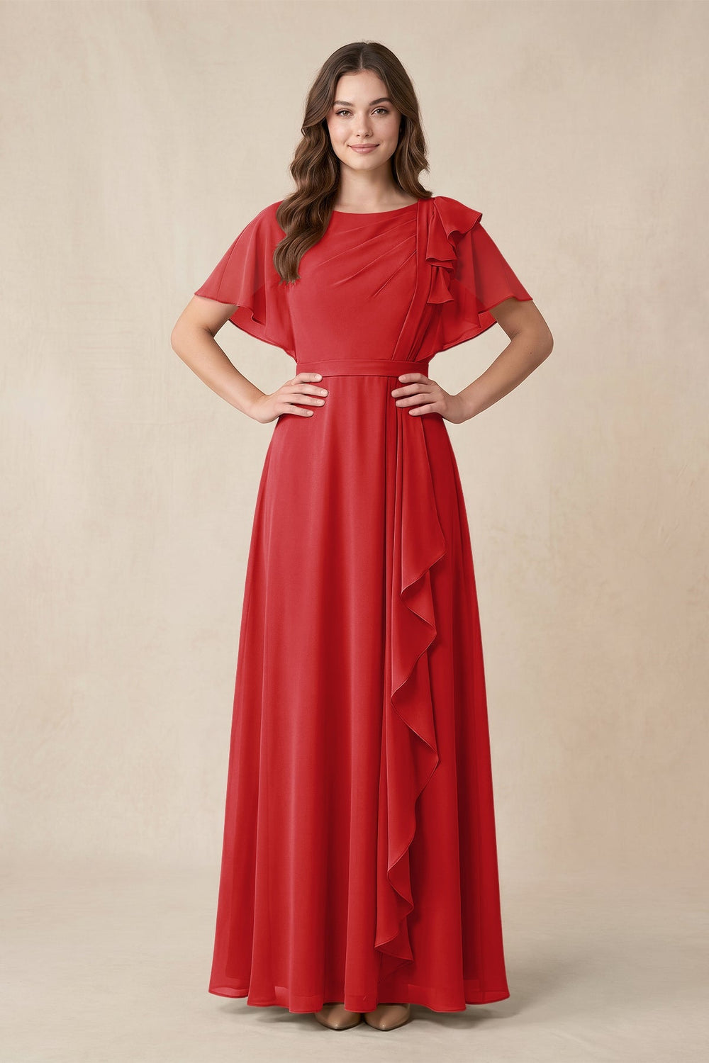 Short Sleeves Bateau A-Line Chiffon Bridesmaid Dress in Ruby Red