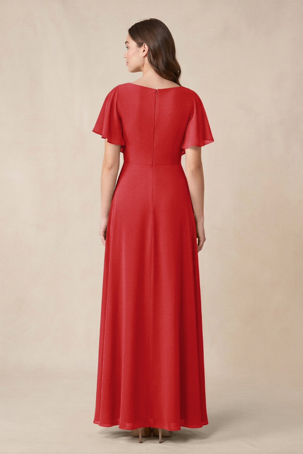 Short Sleeves Bateau A-Line Chiffon Bridesmaid Dress in Ruby Red