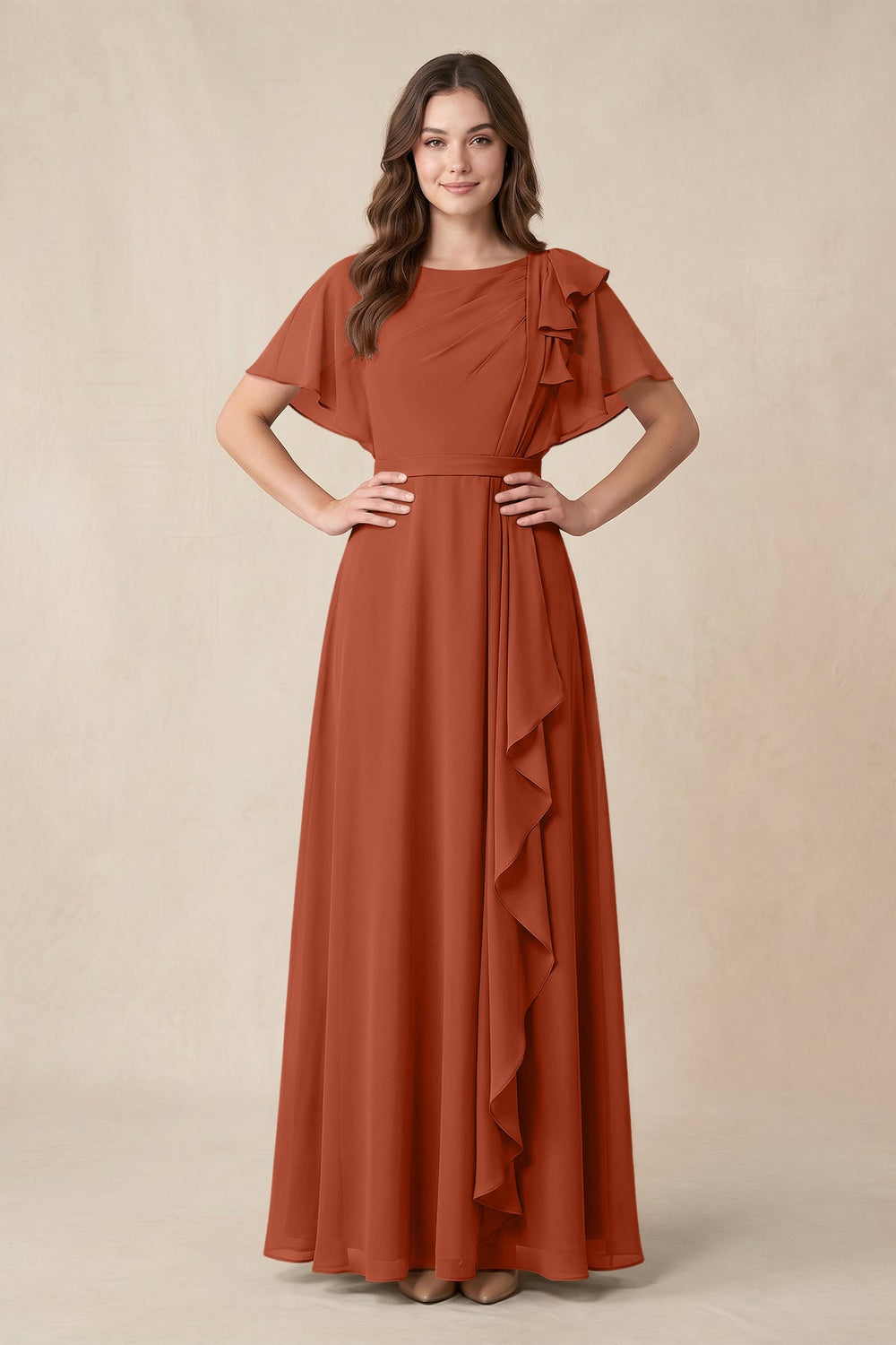 Short Sleeves Bateau A-Line Chiffon Bridesmaid Dress in Spice
