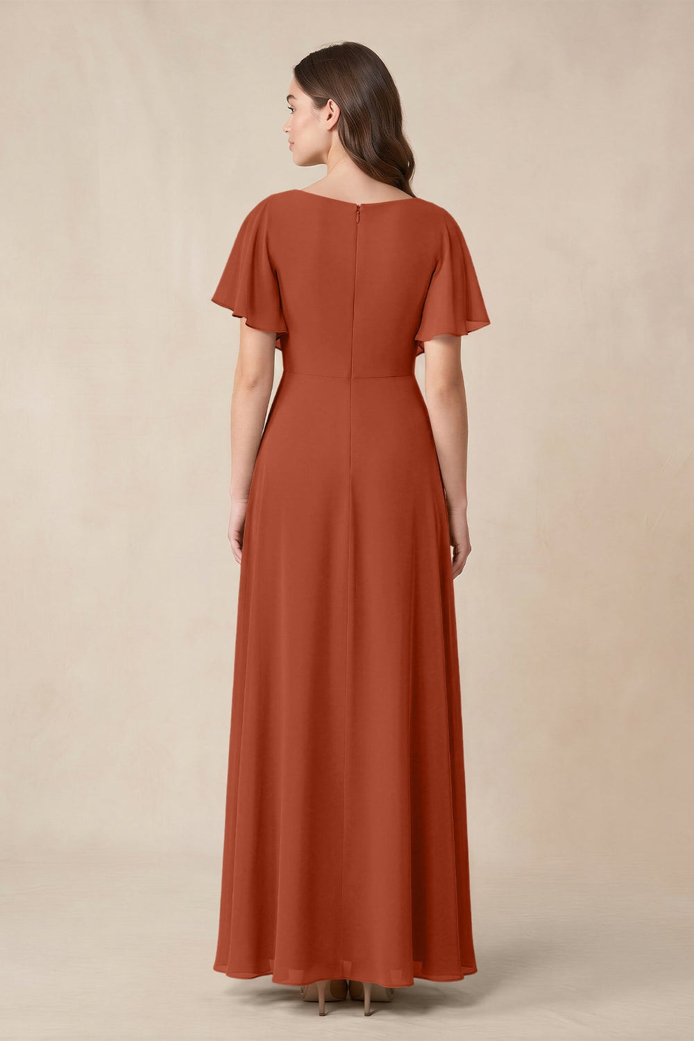 Short Sleeves Bateau A-Line Chiffon Bridesmaid Dress in Spice