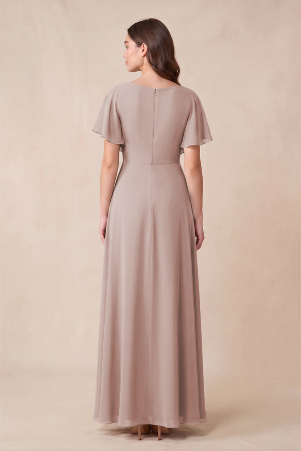 Short Sleeves Bateau A-Line Chiffon Bridesmaid Dress in Toffee (2) | KISSBRIDAL