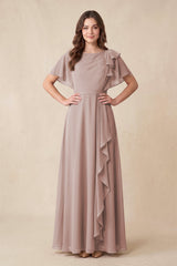Short Sleeves Bateau A-Line Chiffon Bridesmaid Dress in Toffee | KISSBRIDAL