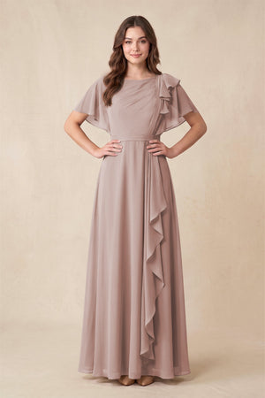 Short Sleeves Bateau A-Line Chiffon Bridesmaid Dress in Toffee | KISSBRIDAL