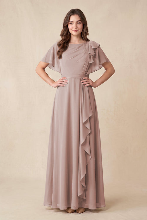 Short Sleeves Bateau A-Line Chiffon Bridesmaid Dress in Toffee | KISSBRIDAL