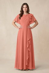 Short Sleeves Bateau A - Line Chiffon Bridesmaid Dress in Wild Rose - KISS BRIDAL Bridesmaid Dresses