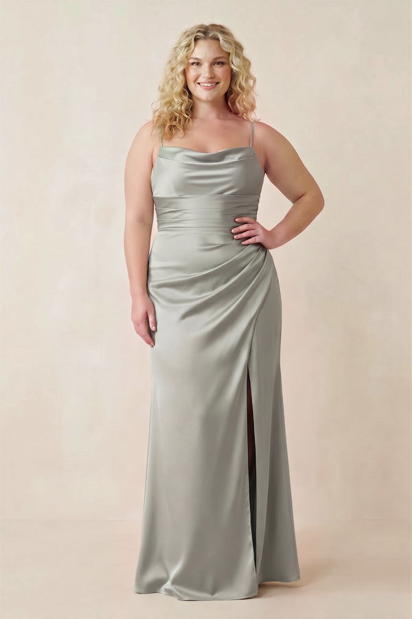 Silver Cami Strap Ruched Satin Sheath Bridesmaid Dress [sizeplus] | KISSBRIDAL