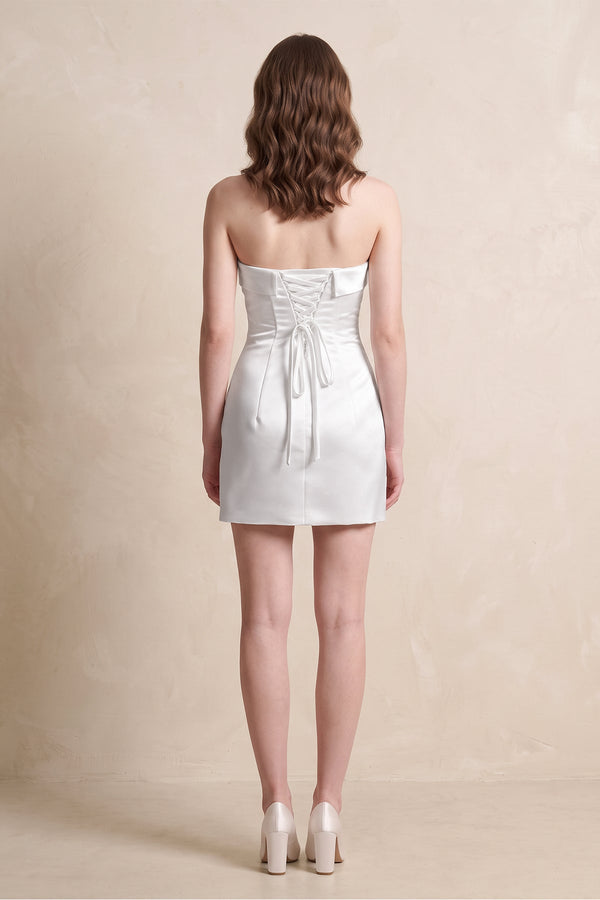 Simple Satin Strapless Mini Wedding Dress in White - KISS BRIDAL Wedding Dresses