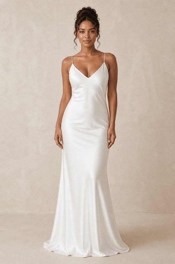Simple Sheath Spaghetti Straps Wedding Dress in White - KISS BRIDAL Wedding Dresses