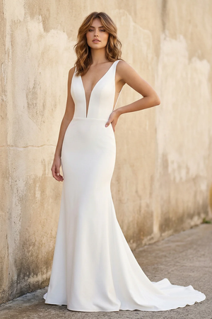 Simple White Mermaid Backless Boho Wedding Dress - KISSBRIDAL