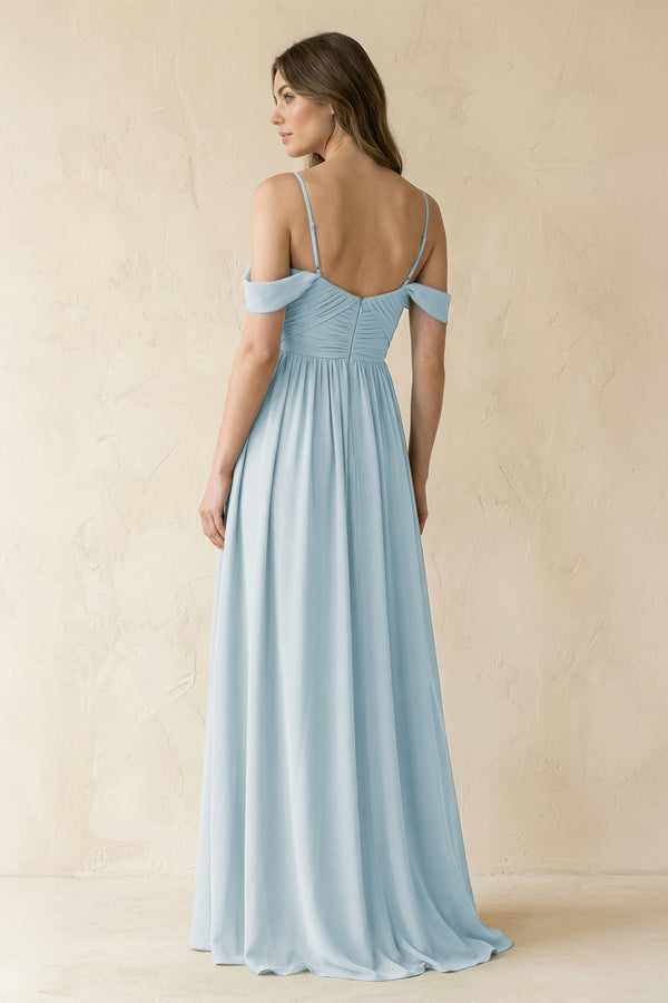 Sky Blue A-Line Off-the-Shoulder Pleated Chiffon Bridesmaid Dress (2) | KISSBRIDAL