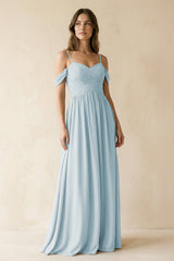 Sky Blue A-Line Off-the-Shoulder Pleated Chiffon Bridesmaid Dress | KISSBRIDAL