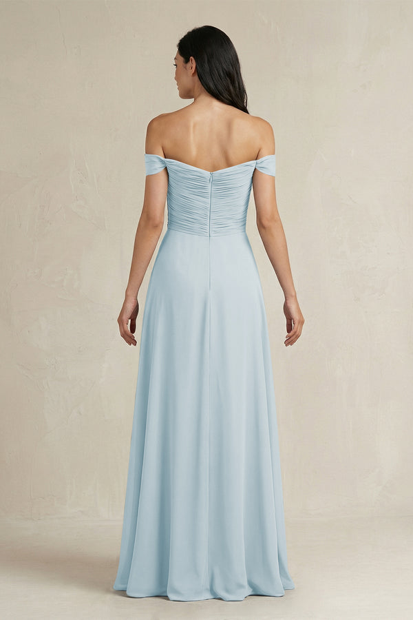 Sky Blue A-Line Pleated Off-the-Shoulder Chiffon Bridesmaid Dress (2) | KISSBRIDAL
