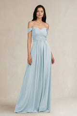 Sky Blue A-Line Pleated Off-the-Shoulder Chiffon Bridesmaid Dress | KISSBRIDAL