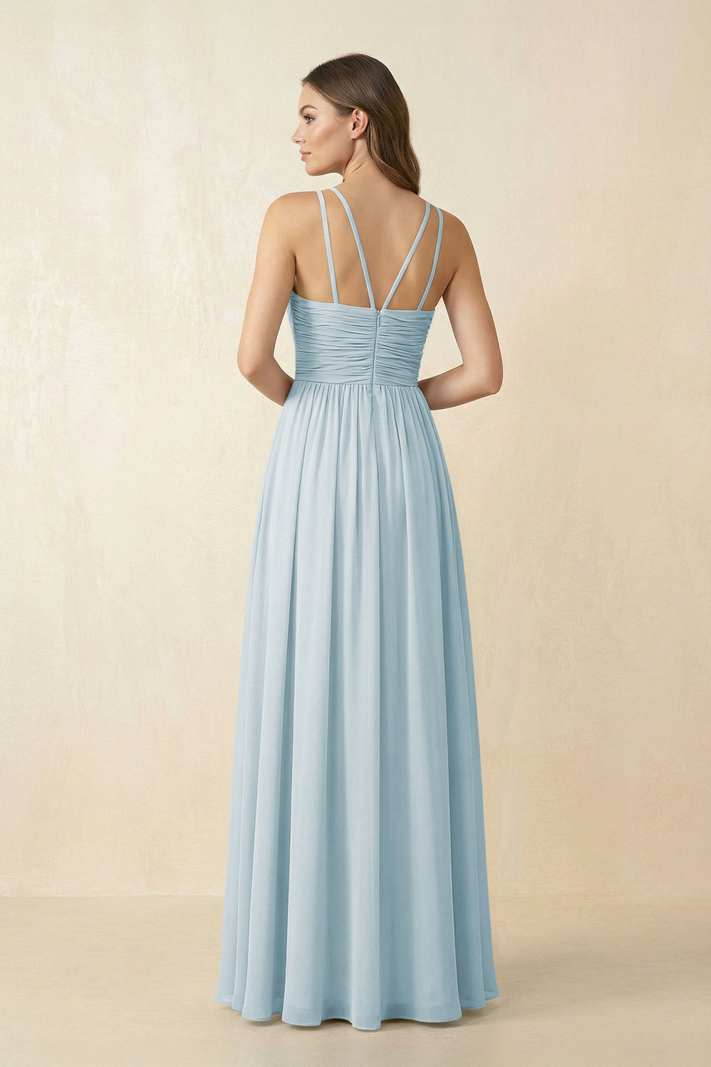 Halter Pleated A-Line Chiffon Bridesmaid Dress in Sky Blue