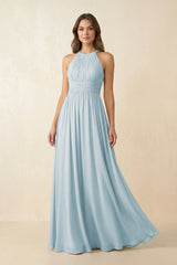 Sky Blue Halter Pleated A-Line Chiffon Bridesmaid Dress | KISSBRIDAL