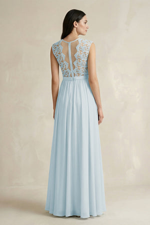 Sky Blue Lace Chiffon A-Line Round Neck Bridesmaid Dress (2) | KISSBRIDAL