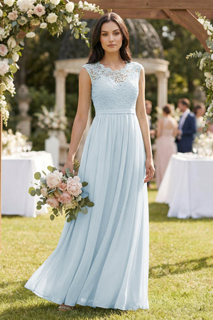 Sky Blue Lace Chiffon A-Line Round Neck Bridesmaid Dress (3) | KISSBRIDAL