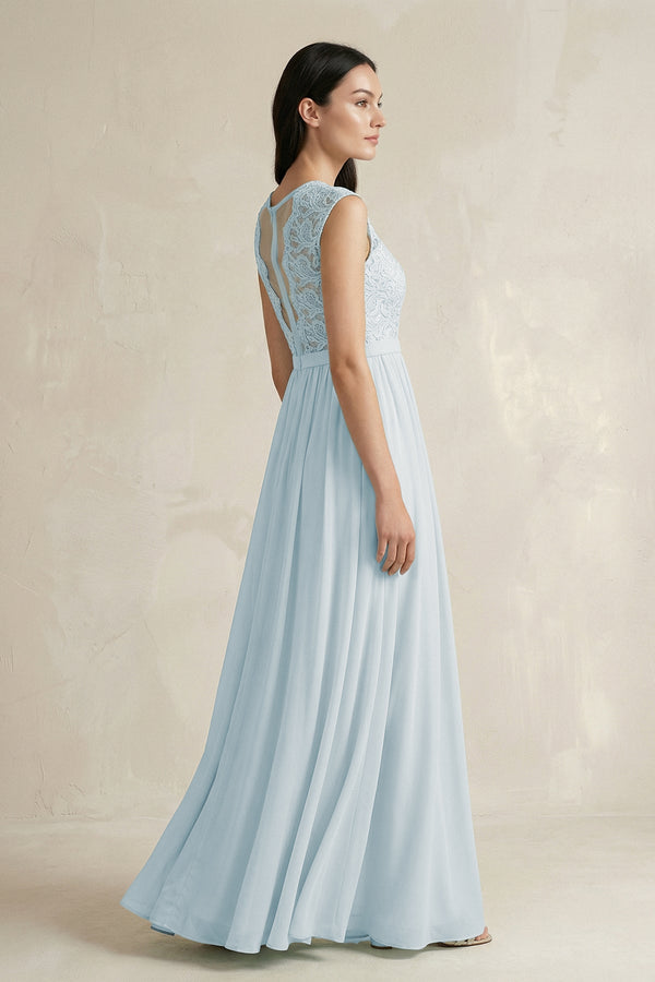 Sky Blue Lace Chiffon A-Line Round Neck Bridesmaid Dress (4) | KISSBRIDAL