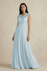 Sky Blue Lace Chiffon A-Line Round Neck Bridesmaid Dress | KISSBRIDAL