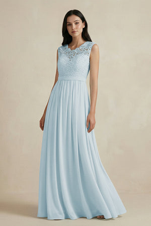Sky Blue Lace Chiffon A-Line Round Neck Bridesmaid Dress | KISSBRIDAL