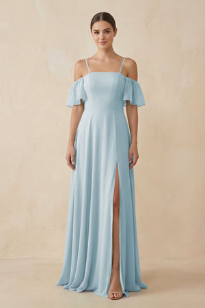 Sky Blue Off-the-Shoulder A-Line Chiffon Bridesmaid Dress | KISSBRIDAL