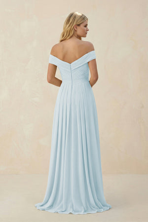 Sky Blue Off-the-Shoulder Pleated A-Line Chiffon Bridesmaid Dress (2) | KISSBRIDAL