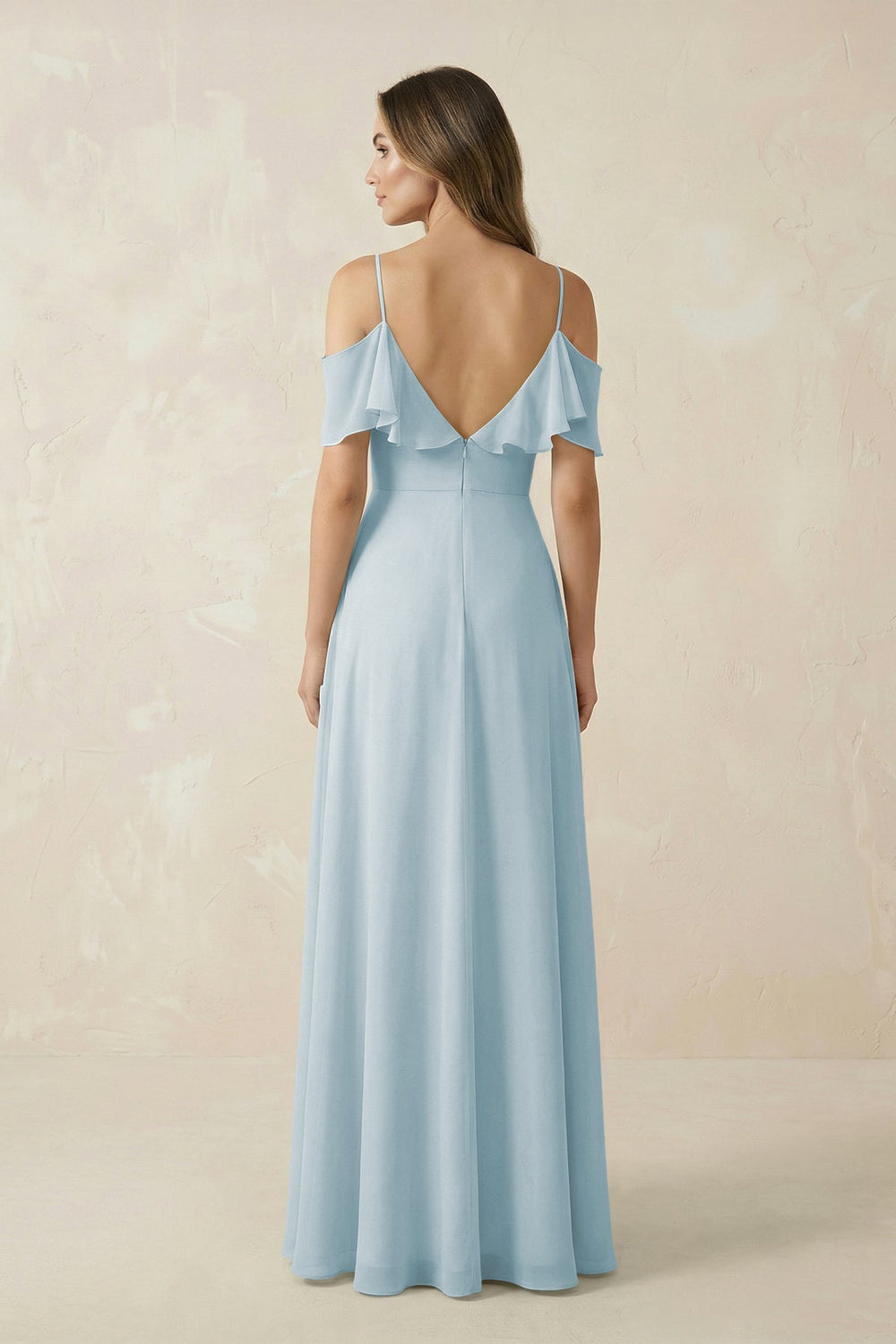 Off-the-Shoulder Ruffled A-Line Chiffon Bridesmaid Dress in Sky Blue