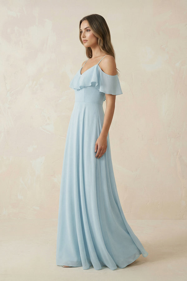 Sky Blue Off-the-Shoulder Ruffled A-Line Chiffon Bridesmaid Dress (3) | KISSBRIDAL