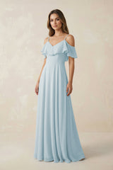Sky Blue Off-the-Shoulder Ruffled A-Line Chiffon Bridesmaid Dress | KISSBRIDAL
