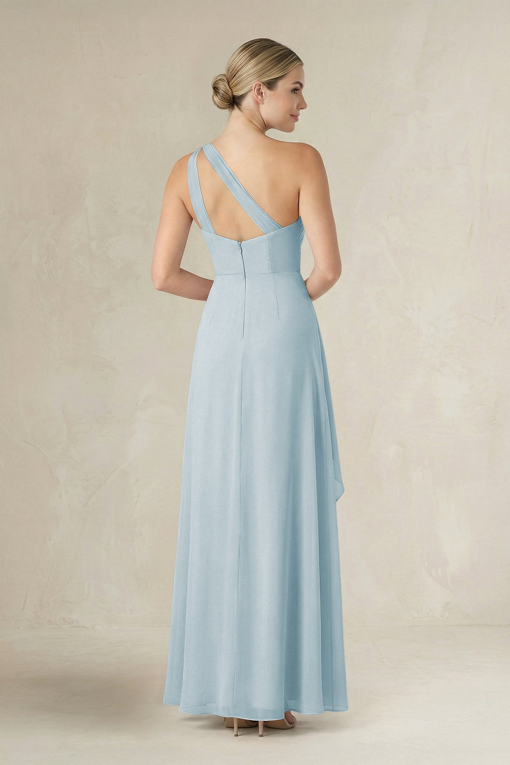 One-Shoulder Sheath Ruched Ruffled Bridesmaid Dress in Sky Blue