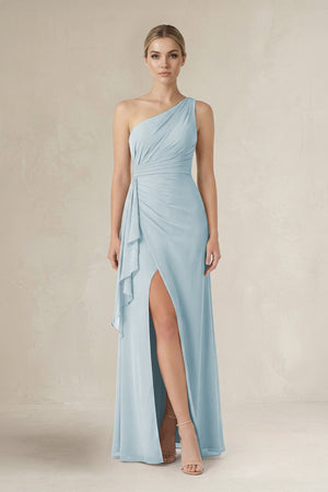 Sky Blue One-Shoulder Sheath Ruched Ruffled Bridesmaid Dress in Sky Blue | KISSBRIDAL
