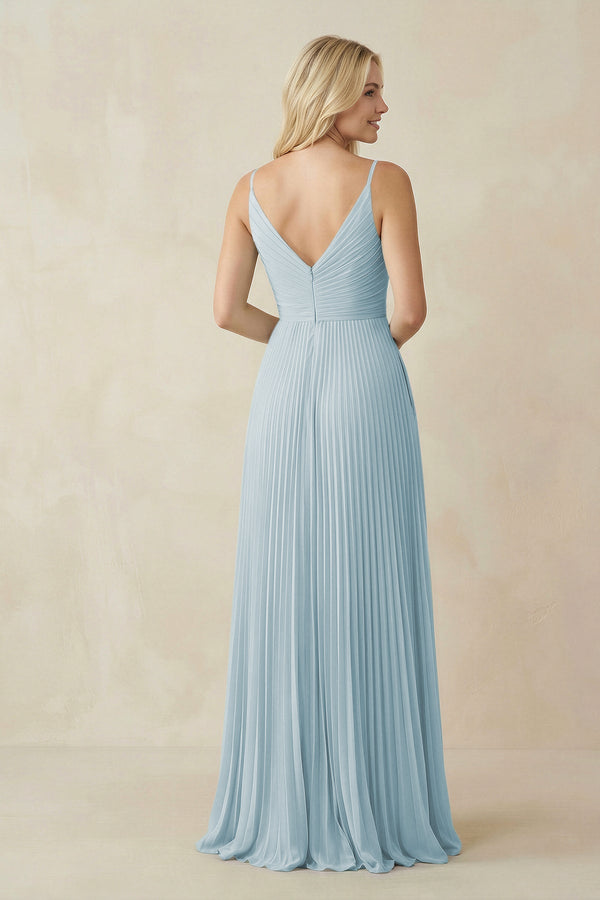 Sky Blue Pleated V-Neck A-Line Chiffon Bridesmaid Dress (2) | KISSBRIDAL
