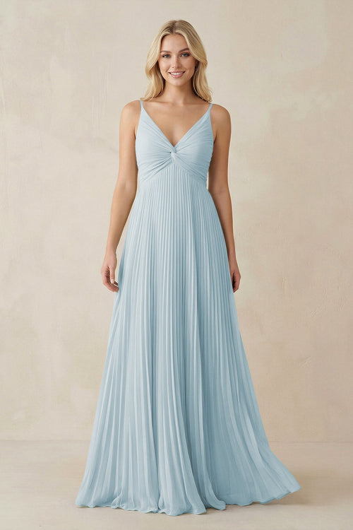 Sky Blue Pleated V-Neck A-Line Chiffon Bridesmaid Dress | KISSBRIDAL