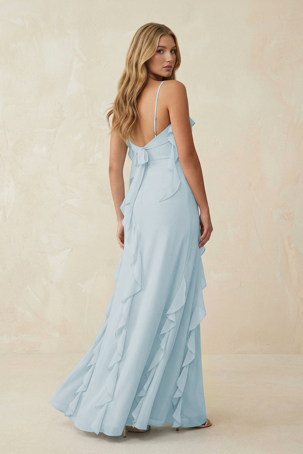 Ruffled Cami Strap Chiffon Sheath Bridesmaid Dress in Sky Blue
