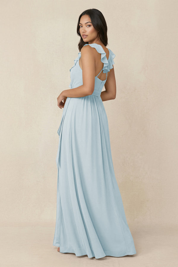 Sky Blue Ruffled V-Neck A-Line Chiffon Bridesmaid Dress (2) | KISSBRIDAL