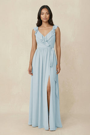 Sky Blue Ruffled V-Neck A-Line Chiffon Bridesmaid Dress | KISSBRIDAL