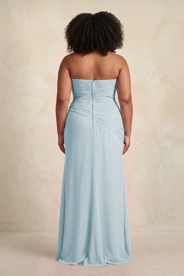 Sky Blue Sheath Chiffon Strapless Pleated Bridesmaid Dress (4) [sizeplus] | KISSBRIDAL
