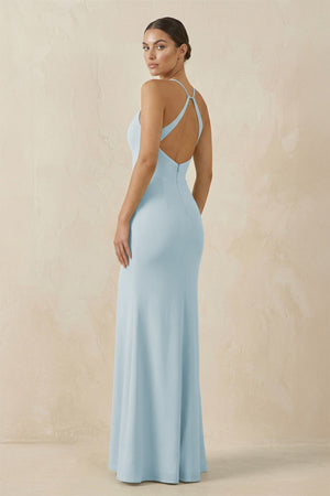 Sky Blue Spaghetti Strap Sheath Chiffon Bridesmaid Dress With Slit (2) | KISSBRIDAL
