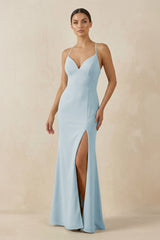 Sky Blue Spaghetti Strap Sheath Chiffon Bridesmaid Dress With Slit | KISSBRIDAL