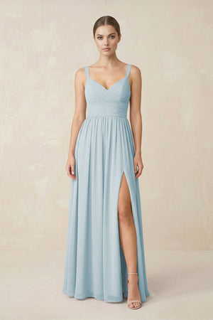 Sky Blue Sweetheart A-Line Chiffon Bridesmaid Dress with Slit in Sky Blue | KISSBRIDAL