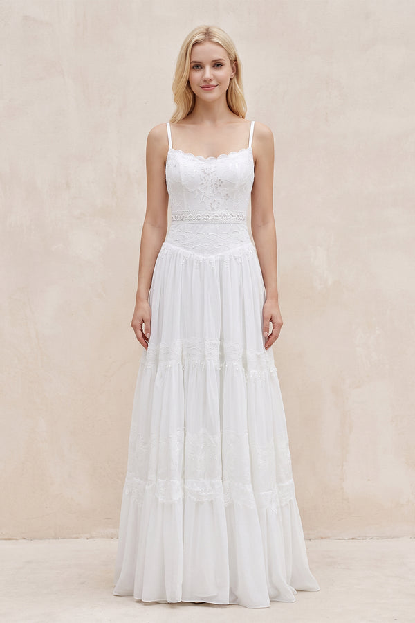 White Spaghetti Sleeveless Chiffon Beach Boho Wedding Dress - KISSBRIDAL