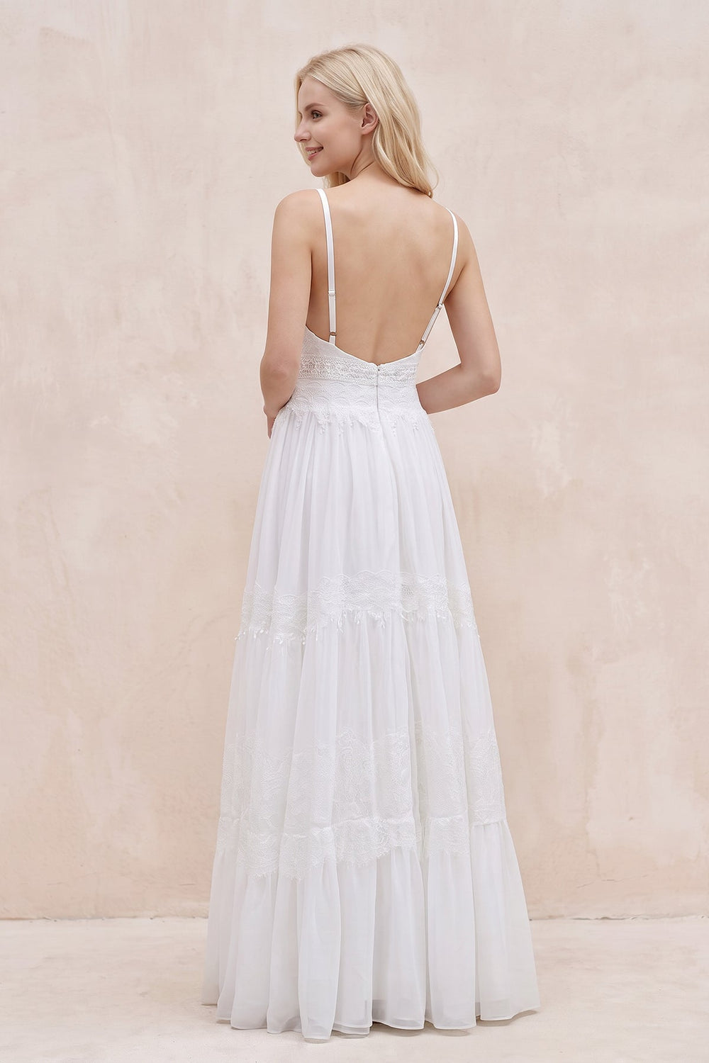 Spaghetti Straps Lace A-Line Ruffled Boho Wedding Dress in White