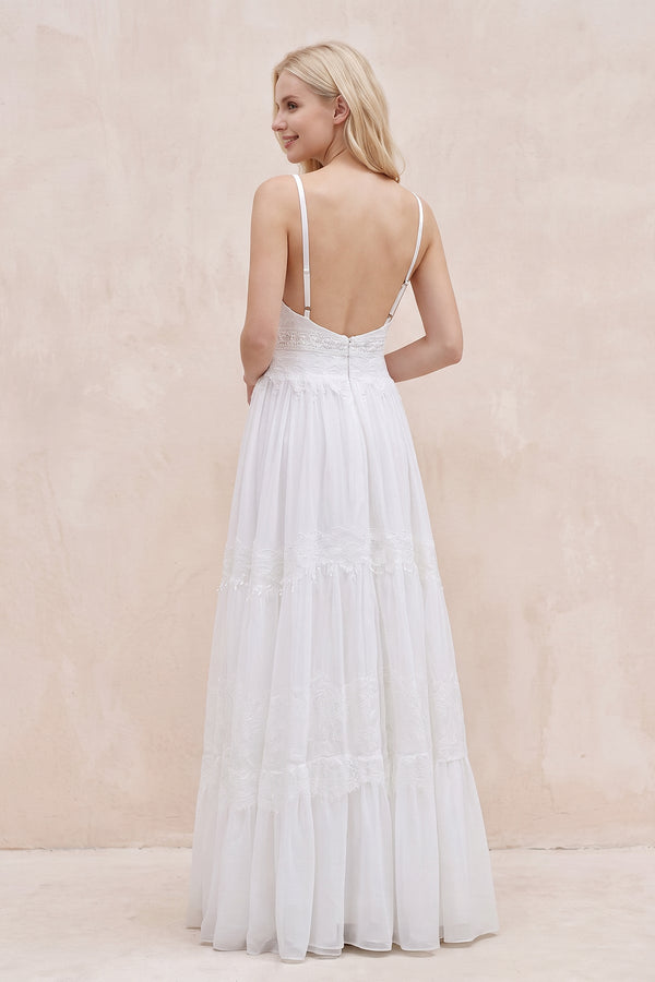 White Spaghetti Sleeveless Chiffon Beach Boho Wedding Dress - KISSBRIDAL